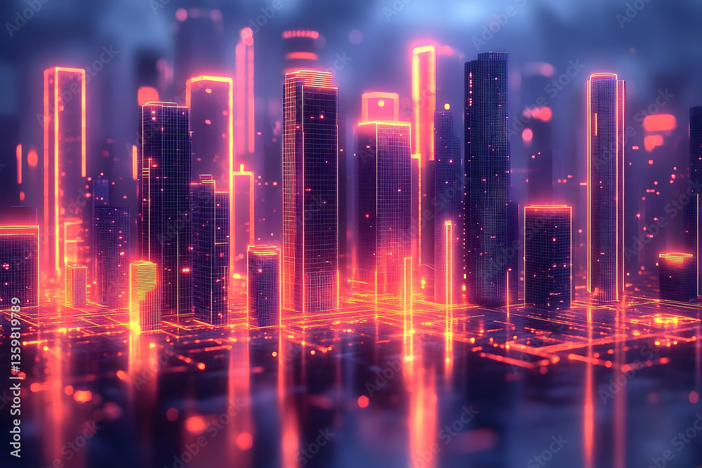 Fototapeta premium Futuristic city skyline illuminated by neon lights at dusk, reflecting on water with a vibrant atmosphere