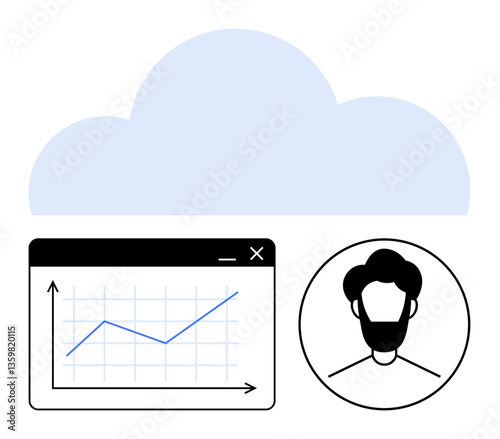 Graph window with fluctuating data line, user profile headshot, and cloud icon. Ideal for technology, analytics, cloud storage, user data, business growth, interface design flat simple metaphor