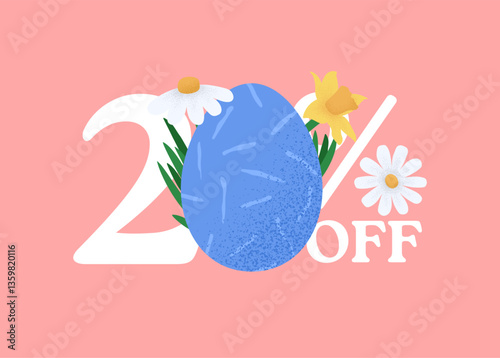 Happy Easter Sale banner. Easter Sale 20 off banner template with retro Easter Eggs and spring flower. Vector illustration element