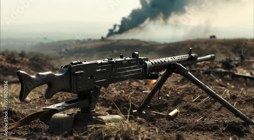 Machine Gun Amid Fierce Battlefield Combat Chaos