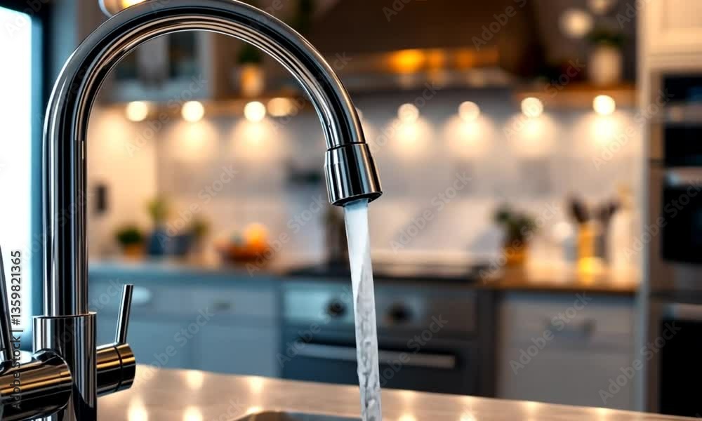 Modern kitchen faucet with flowing water. Interior scene.  Possible use stock photo