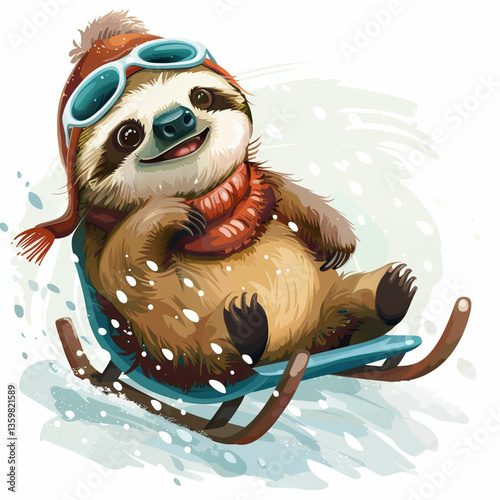 Funny illustration of a cute sloth having fun and sledging. Ai generated