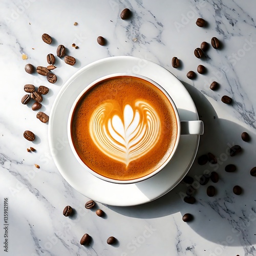 Elegant Overhead Shot of White Ceramic Coffee Cup with Latte Art on Marble Table – Stylish Coffee Photography