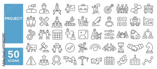 Set of 50 line icons related to project, production, engineers, process, workflow, founding, management, construction, plan design, business model, Editable stroke. Vector illustration