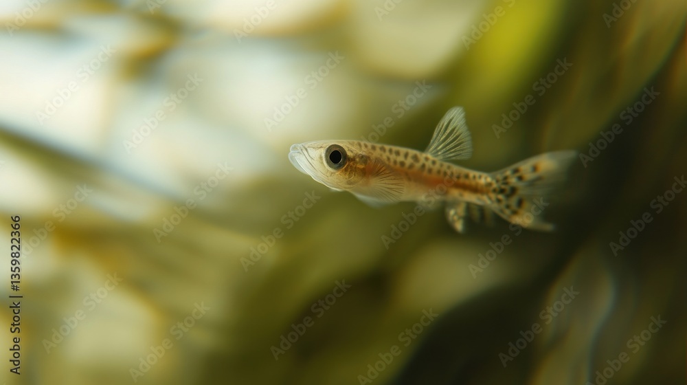 A close-up of a small fish swimming in a blurred underwater environment. A close-up of a small fish swimming in a blurred underwater environment.