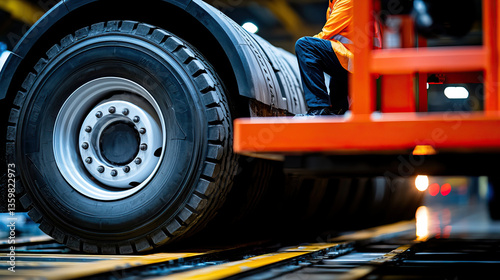 Wallpaper Mural worker in orange safety vest sits on platform near large truck tire in warehouse, showcasing industrial activity and safety Torontodigital.ca