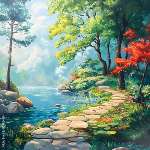 A serene landscape painting depicts a stone path winding beside a tranquil lake through a lush forest with vibrant trees and flowe plants under a bright sunny sky.