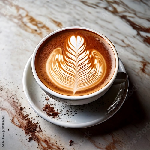 Elegant Overhead Shot of White Ceramic Coffee Cup with Latte Art on Marble Table – Stylish Coffee Photography