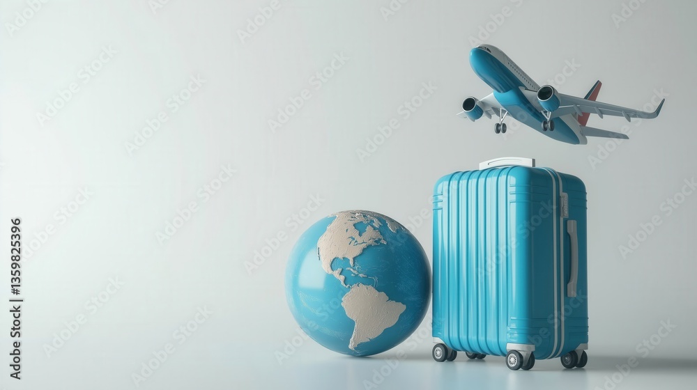 Fototapeta premium A blue suitcase and globe sit on a surface, with an airplane flying above, symbolizing travel and adventure.