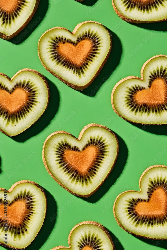 Fototapeta premium Heart Shaped Kiwi Fruit Pattern Green Background