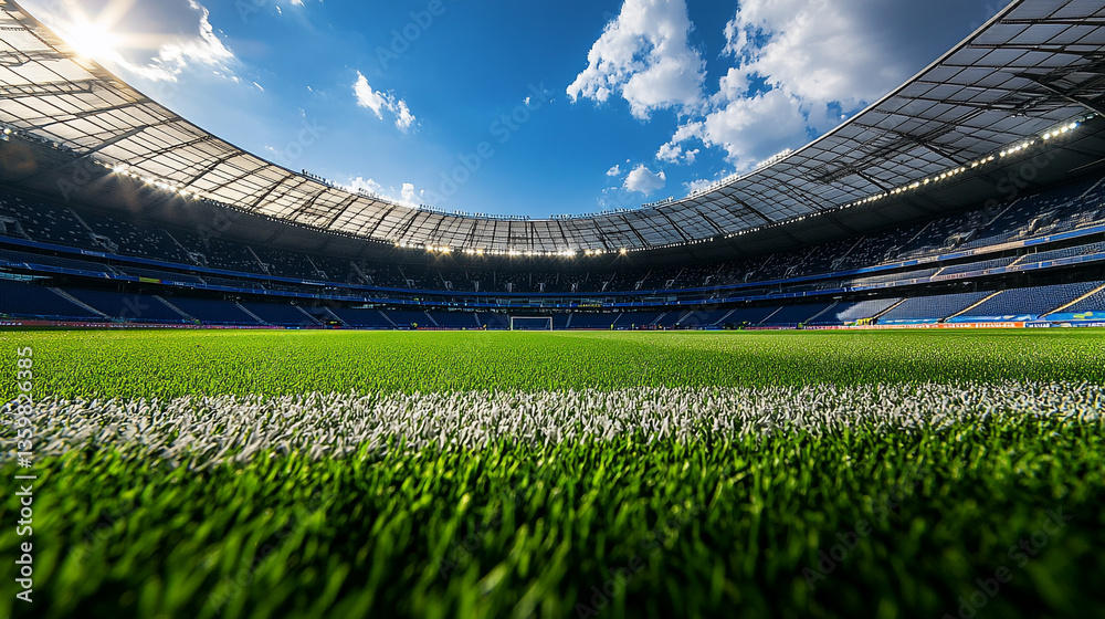 Fototapeta premium A low angle view of a soccer field inside a stadium under a bright blue sky with white clouds