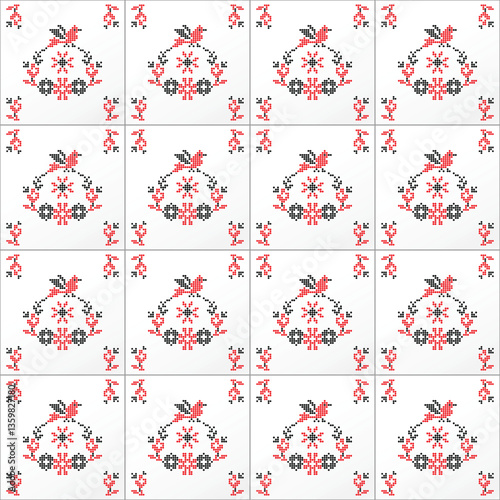 Traditional southern Ukraine decorative ornament on seamless tile, pattern with folk botanic and birds ornament
