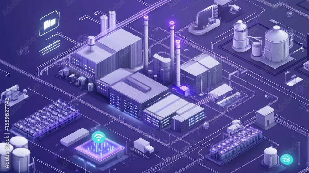 A digital illustration of an industrial complex with factories and technology elements. A digital illustration of an industrial complex with factories and technology elements.