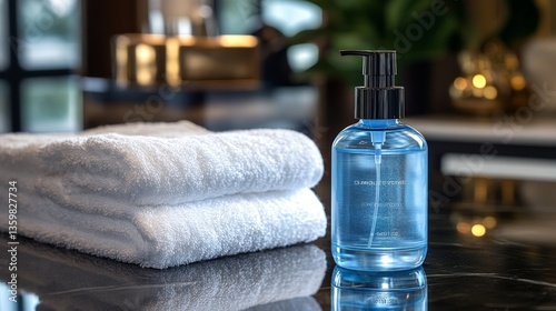 A bottle of blue liquid is on a counter next to a white towel. The towel is folded and placed on top of another towel. Concept of cleanliness and organization, with the towels neatly arranged