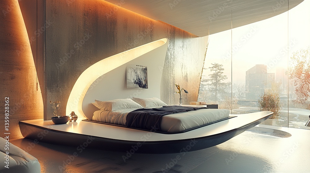 Fototapeta premium Suburban bedroom retreat, floating bed with sleek design, bold statement wall, minimal decor creating serenity, natural light enhancing the ambiance, corner wide-angle view.