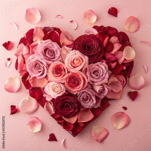 Heart-Shaped Layering of Velvety Rose Petals in Soft Pink and Red Hues