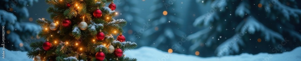 Decorated evergreen Christmas tree with twinkling lights and ornaments against a snowy winter background, twinkling lights, holiday decor, winter wonderland Decorated evergreen Christmas tree with twinkling lights and ornaments against a snowy winter background, twinkling lights, holiday decor, winter wonderland