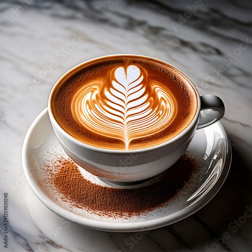 Elegant Overhead Shot of White Ceramic Coffee Cup with Latte Art on Marble Table – Stylish Coffee Photography