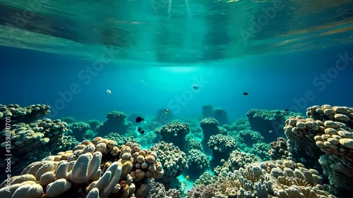 Tranquil underwater coral reef teeming with diverse marine life and shimmering sunlight.