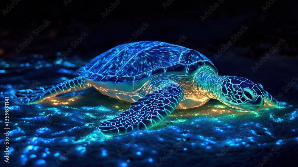 Fototapeta premium Glowing sea turtle resting on the ocean floor with bioluminescent light