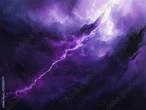 Vivid purple lightning storm in dark swirling clouds with dramatic glowing energy for intense weather background and atmospheric fantasy scene