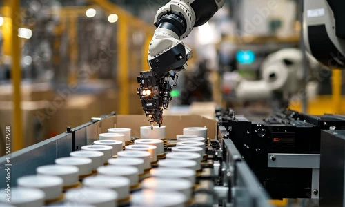 Wallpaper Mural Automated Robotic Arm Handling Containers on Production Line in Modern Manufacturing Facility Torontodigital.ca