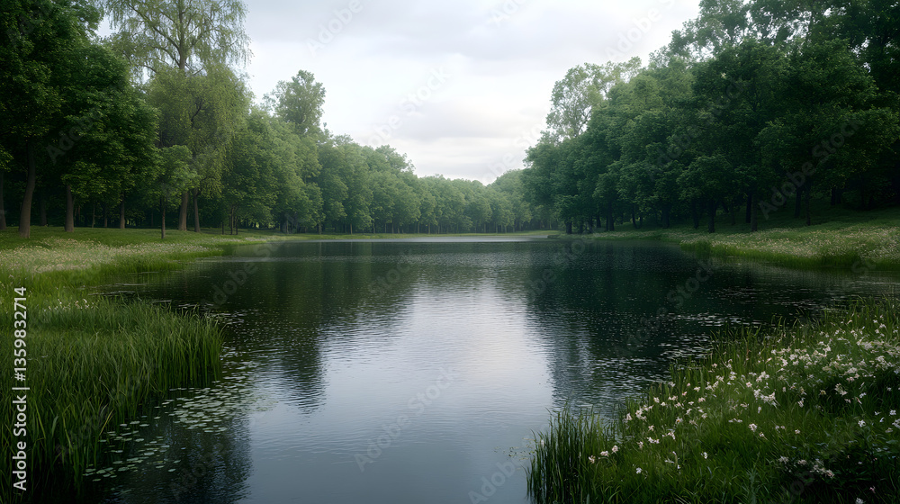 Obraz premium Serene lake in a lush green forest. Misty morning light reflecting on the still water