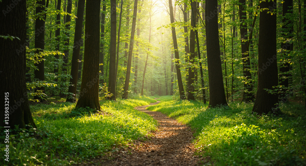 Fototapeta premium Serene forest path illuminated by sunlight in spring 