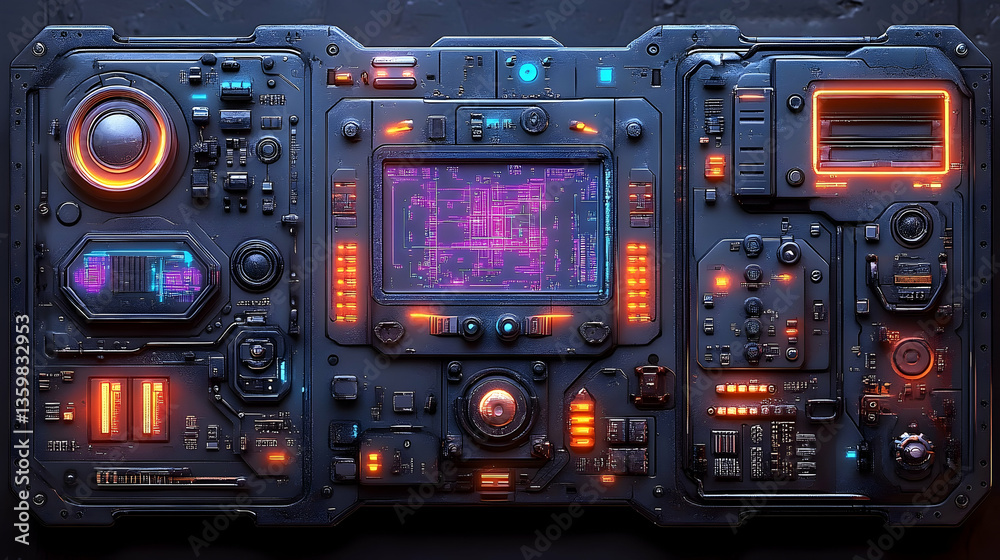Futuristic control panel with glowing buttons and screens, set against a dark background, showcasing advanced technology Futuristic control panel with glowing buttons and screens, set against a dark background, showcasing advanced technology