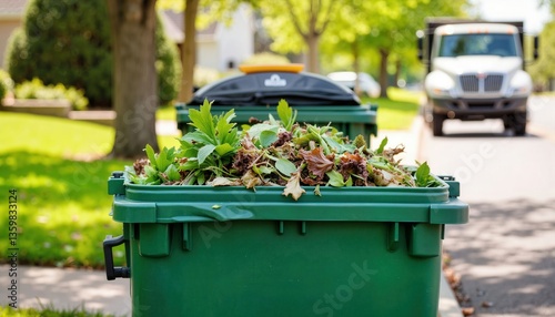 Green waste cart filled with yard debris on sunny street, eco-friendly living