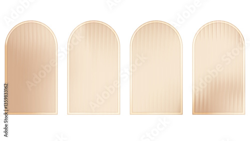 Ribbed glass arch wall with corrugated beige texture. Abstract brown pattern on glossy plastic plate. Gradient light across frosted panel and 3d podium. Gold circle stage set on white background