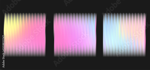 Corrugated glass effect on square background with texture. Polycarbonate with gradient and neon pattern. Holographic ribbed panel and reeded label set. Futuristic surface and smooth color gradation.