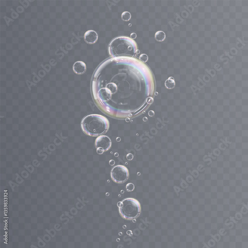 Floating soap bubbles gleam subtly, radiating soft luminous charm. 3D vector bubbles reflect color spectrum with gradients. Transparent airy spheres hover peacefully, forming serene background