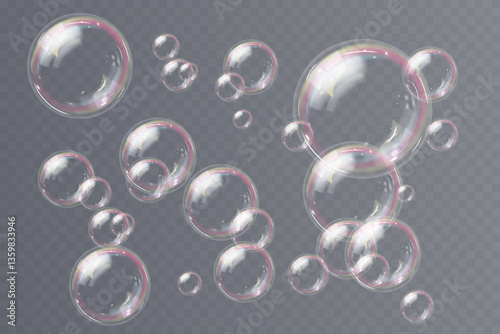 Realistic soap bubbles float delicately, reflecting rainbow color highlights. Transparent background enhances clarity, showcasing airy bubble structure. Light refraction shimmers softly