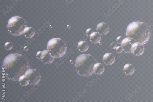 Floating soap bubbles gleam subtly, radiating soft luminous charm. 3D vector bubbles reflect color spectrum with gradients. Transparent airy spheres hover peacefully, forming serene background