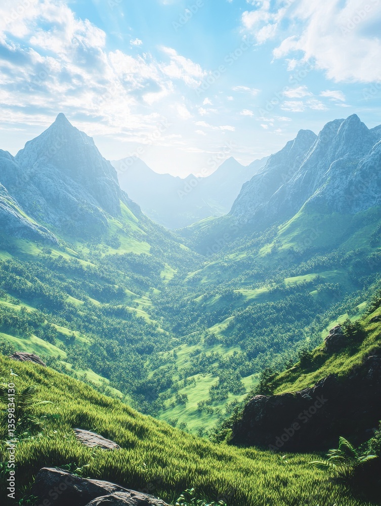 Fototapeta premium Serene mountain landscape with lush green valleys and a clear blue sky, perfect for relaxation