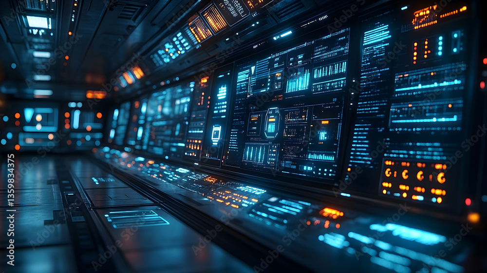 Futuristic control room filled with glowing screens and data displays, showcasing advanced technology Futuristic control room filled with glowing screens and data displays, showcasing advanced technology