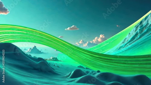 Lime Green Ribbon Flows Over Icy Terrain Under a Teal Sky