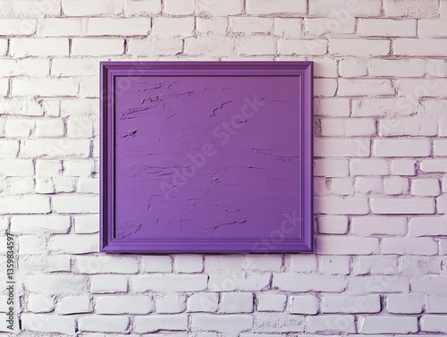 Minimalist purple frame with textured purple paper against a white painted brick wall background