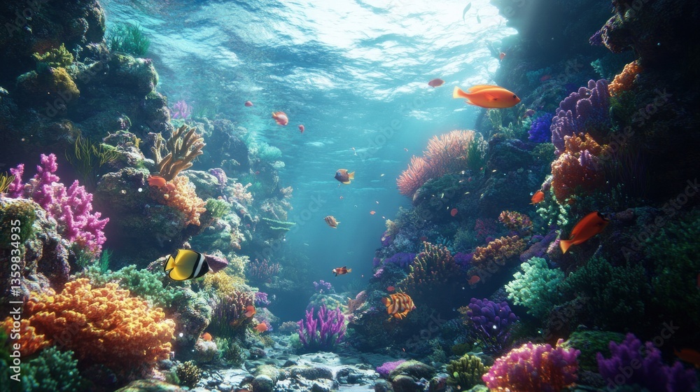 Naklejka premium Vibrant underwater ecosystem thrives with coral reefs and diverse fish life