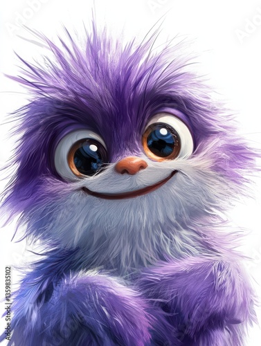Cute cartoon monster with purple fur, big eyes, and a cheerful smile on a white background.