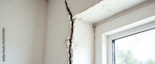 Wall fissure adjacent to window frame corner in indoor structure. Concrete damaged due to structural issue concept.