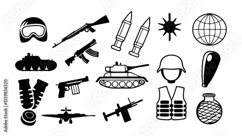 A detailed set of 20 high-resolution 3D battlefield and war strategy icons with realistic metallic textures, dynamic lighting, and combat effects. Icons include a battlefield map, soldier helmet, assa