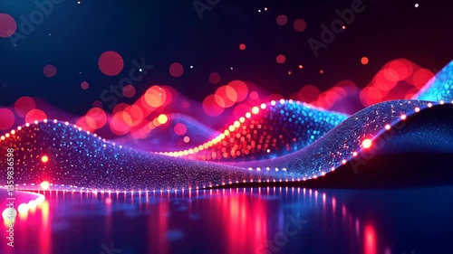 Neon lights illuminate rolling hills of shimmering glitter in an abstract landscape.