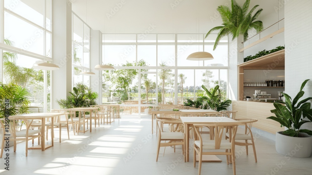 Obraz premium A bright cafe space featuring white walls, natural wood furniture, and green plants. The glass walls provide a seamless connection to the outdoors.