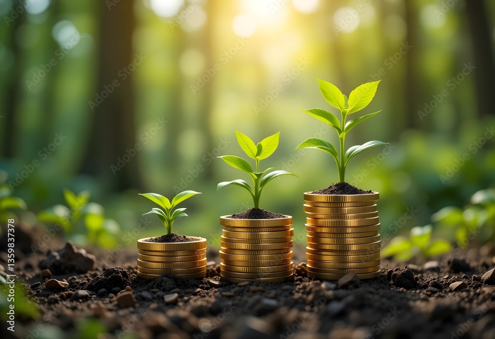 Wealth and Nature Harmony Concept with Coins and Seedlings Growing in Soil Under Sunlight for Sustainable Business Success. Created with Generative AI technology. Wealth and Nature Harmony Concept with Coins and Seedlings Growing in Soil Under Sunlight for Sustainable Business Success. Created with Generative AI technology.