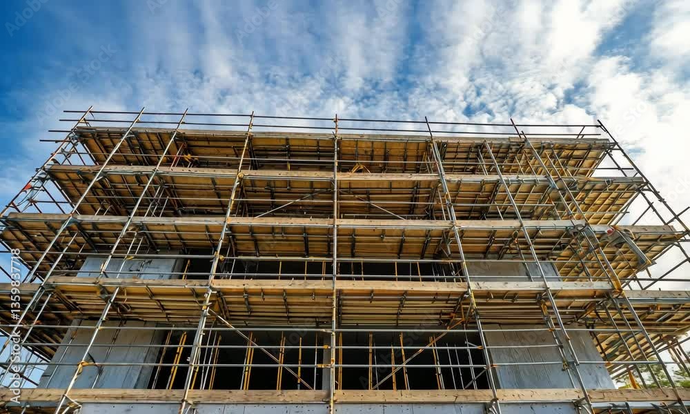 Construction of a Modern Multi-Story Building with Scaffolding Against a Blue Sky Construction of a Modern Multi-Story Building with Scaffolding Against a Blue Sky