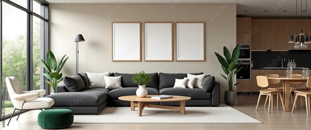 Fototapeta premium A living room featuring couches, chairs, and a coffee table at the center, illuminated by large windows.