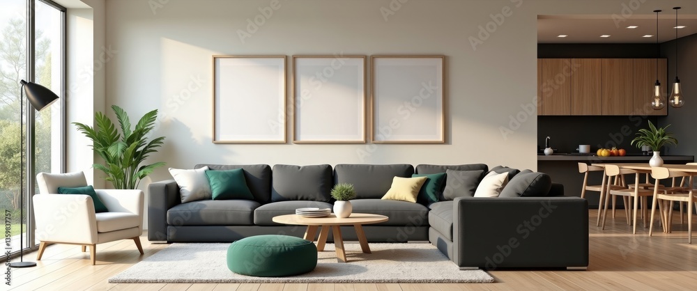 Fototapeta premium A living room featuring couches, chairs, and a coffee table in the center, illuminated by large windows.