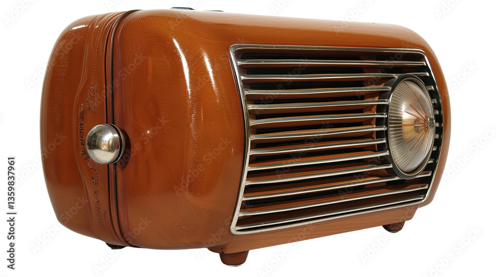 Fototapeta premium Retro Charm: A close-up of a vintage radio, a relic of a bygone era, elegantly exhibits its glossy wooden frame, intricate details, and the iconic dial.